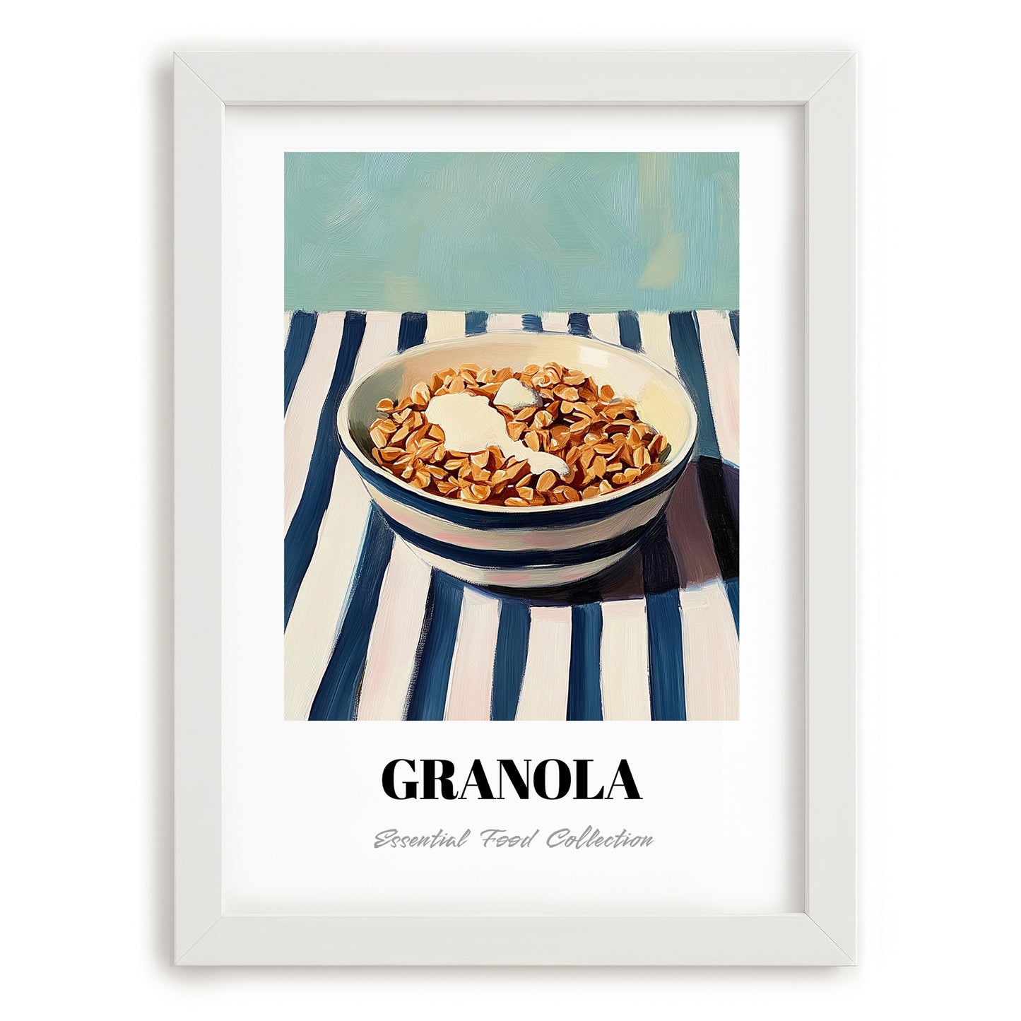 Granola – on Striped Tablecloth, American Food Illustration, placed in minimal white frame