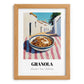 Granola – White village Street Café Scene, American Food Wall Decor, set in oak frame