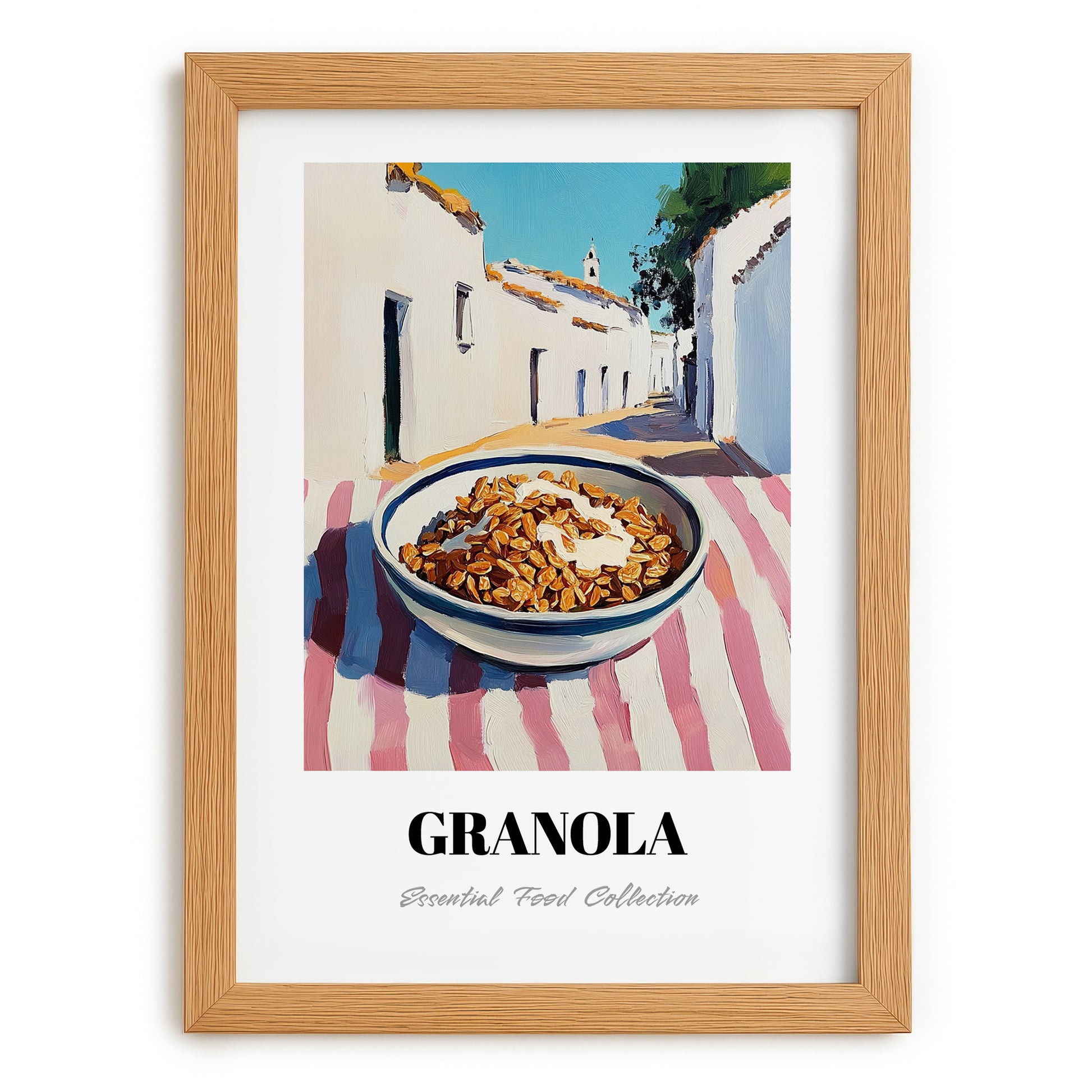 Granola – White village Street Café Scene, American Food Wall Decor, set in oak frame