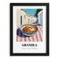 Granola – White village Street Café Scene, American Food Wall Decor, in sleek black frame