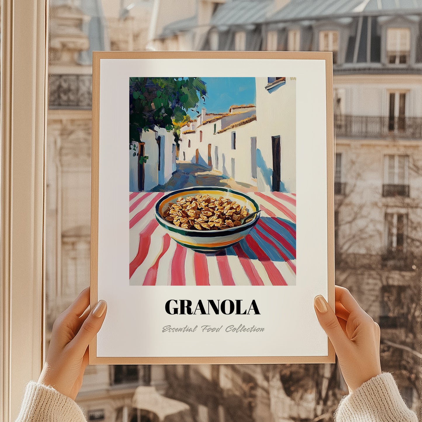 Granola – White village Urban Café Scene, American Food Wall Decor, styled in a charming Paris street view