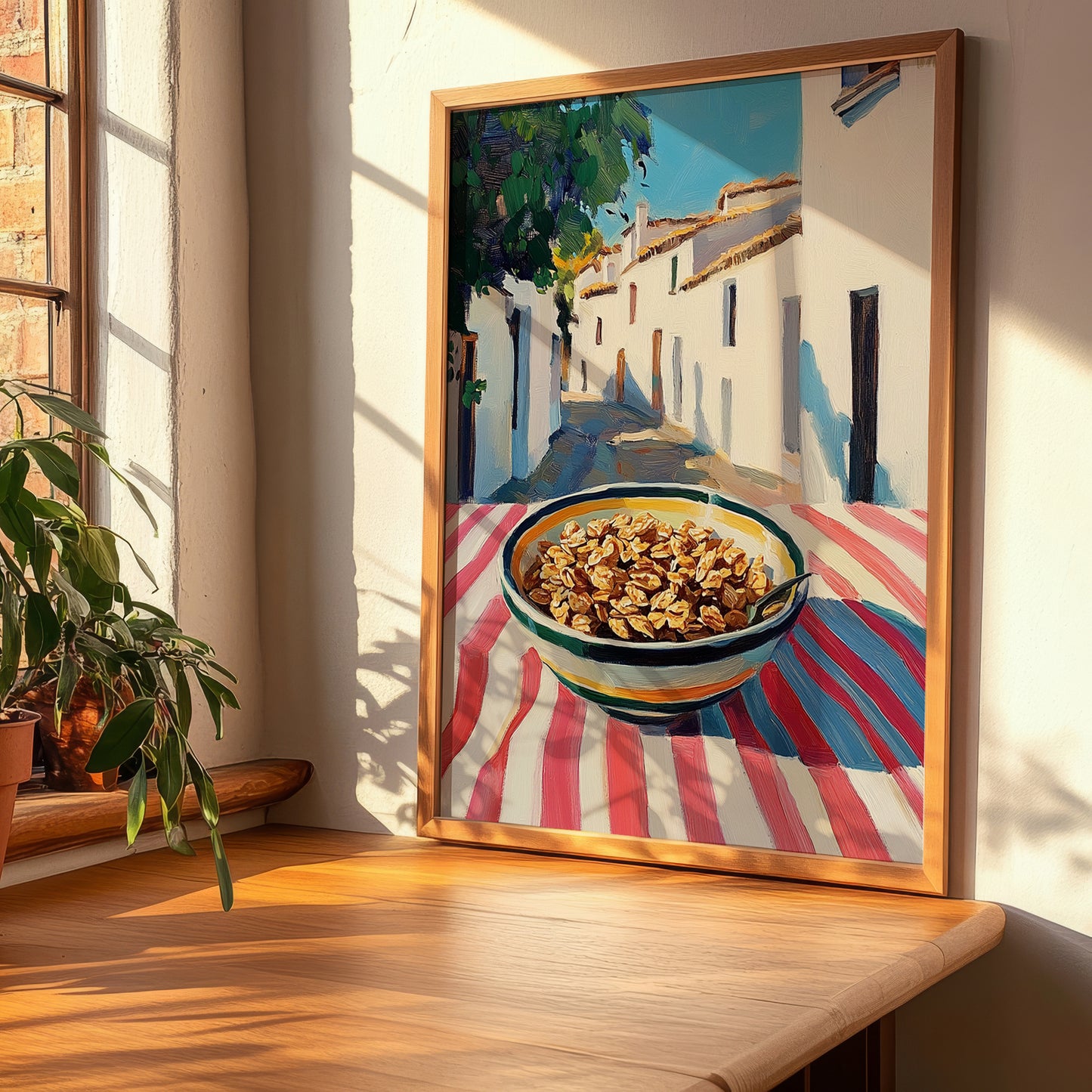 Granola – White village Urban Café Scene, American Food Wall Decor, clean layout with no caption