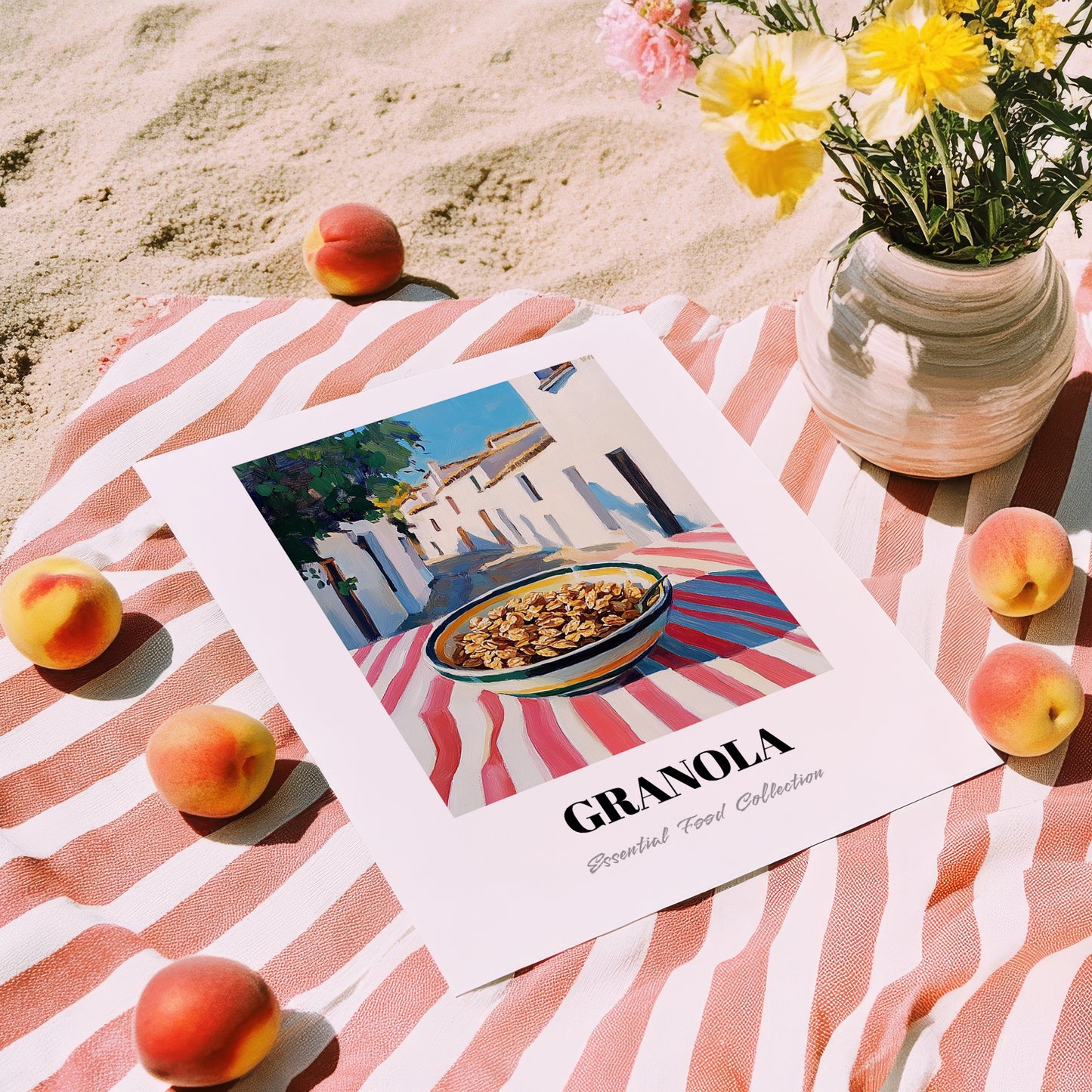 Granola – White village Urban Café Scene, American Food Wall Decor, unframed on coastal sand