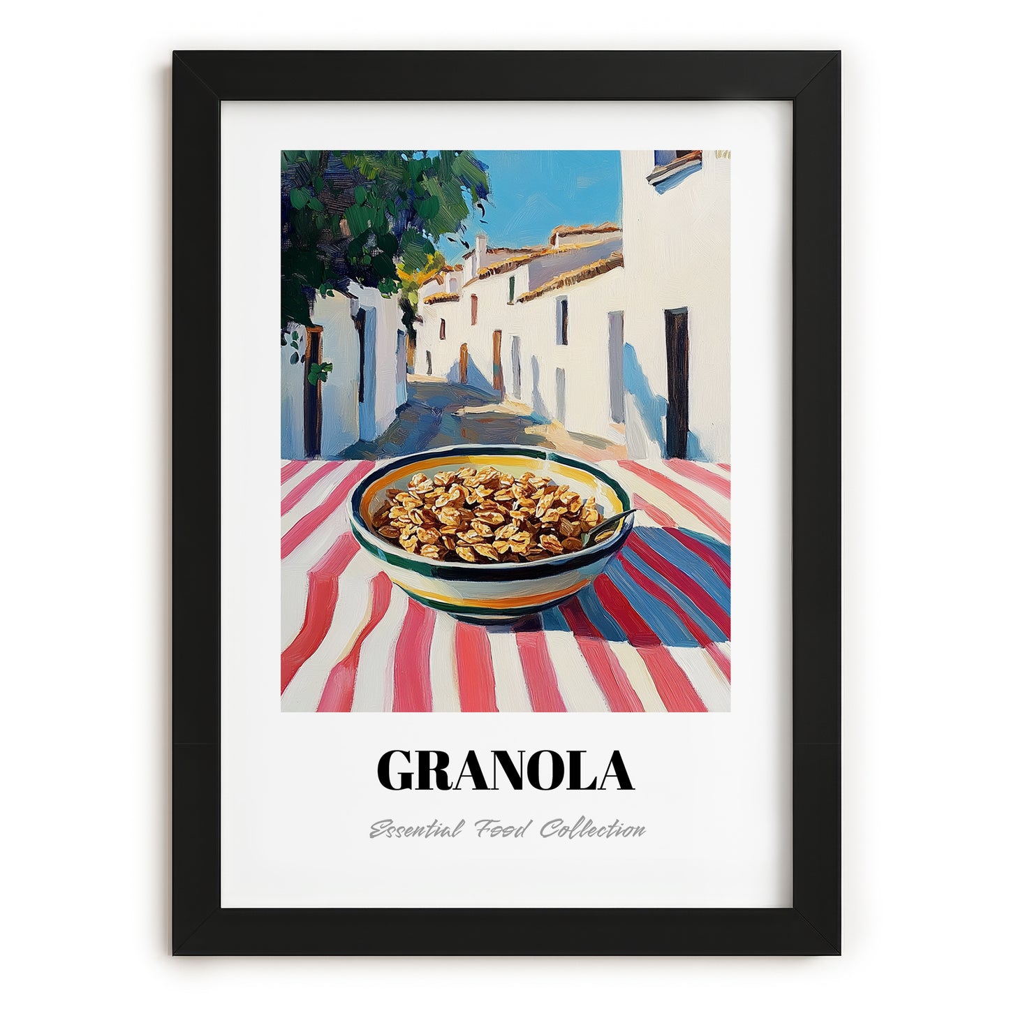 Granola – White village Urban Café Scene, American Food Wall Decor, in sleek black frame