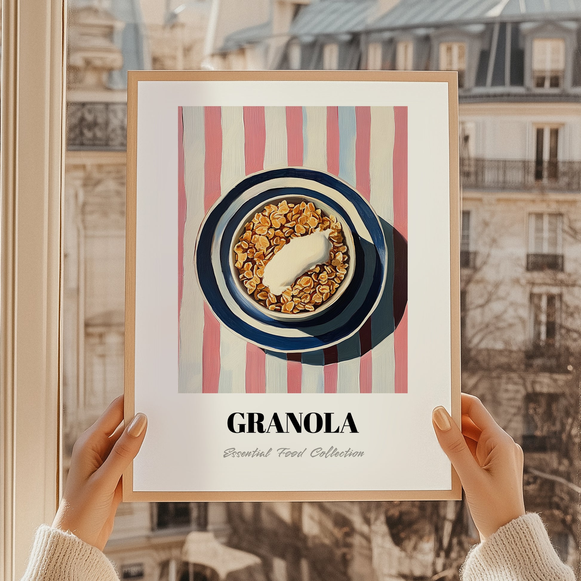 Granola #4 – on Striped Tablecloth, American Food Still Life, styled in a charming Paris street view