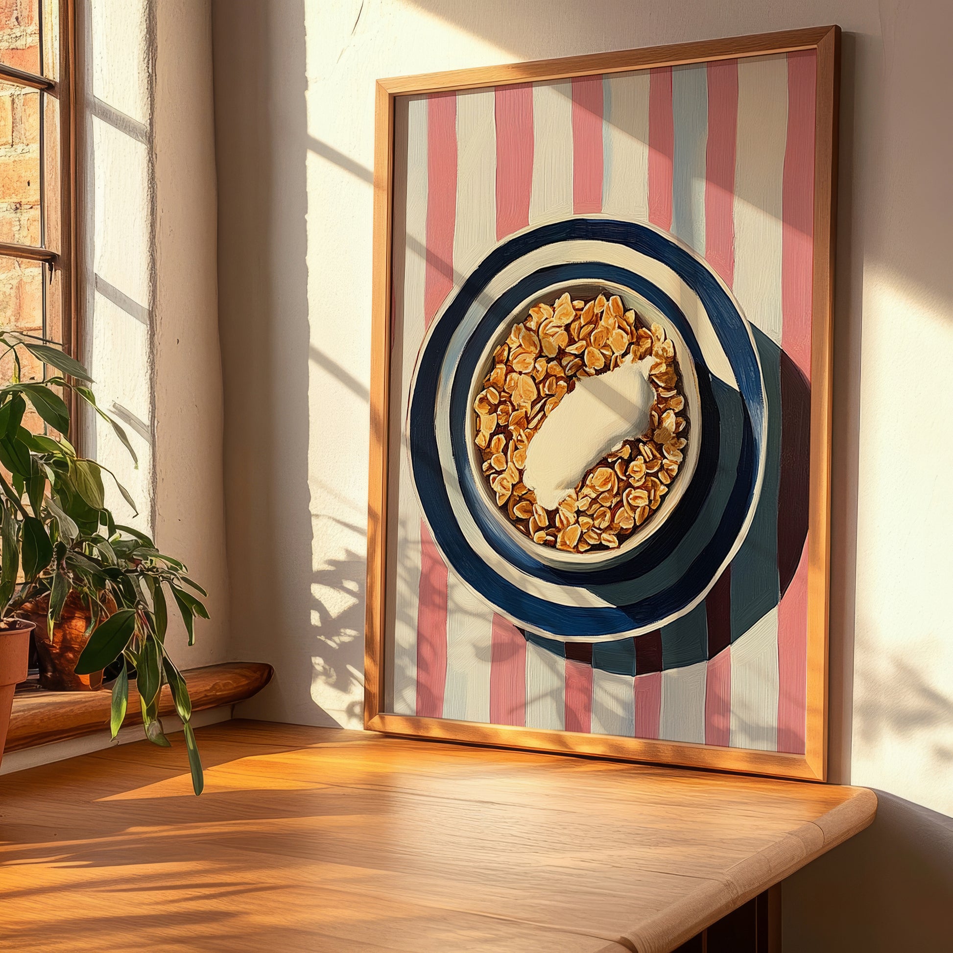 Granola #4 – on Striped Tablecloth, American Food Still Life, clean layout with no caption