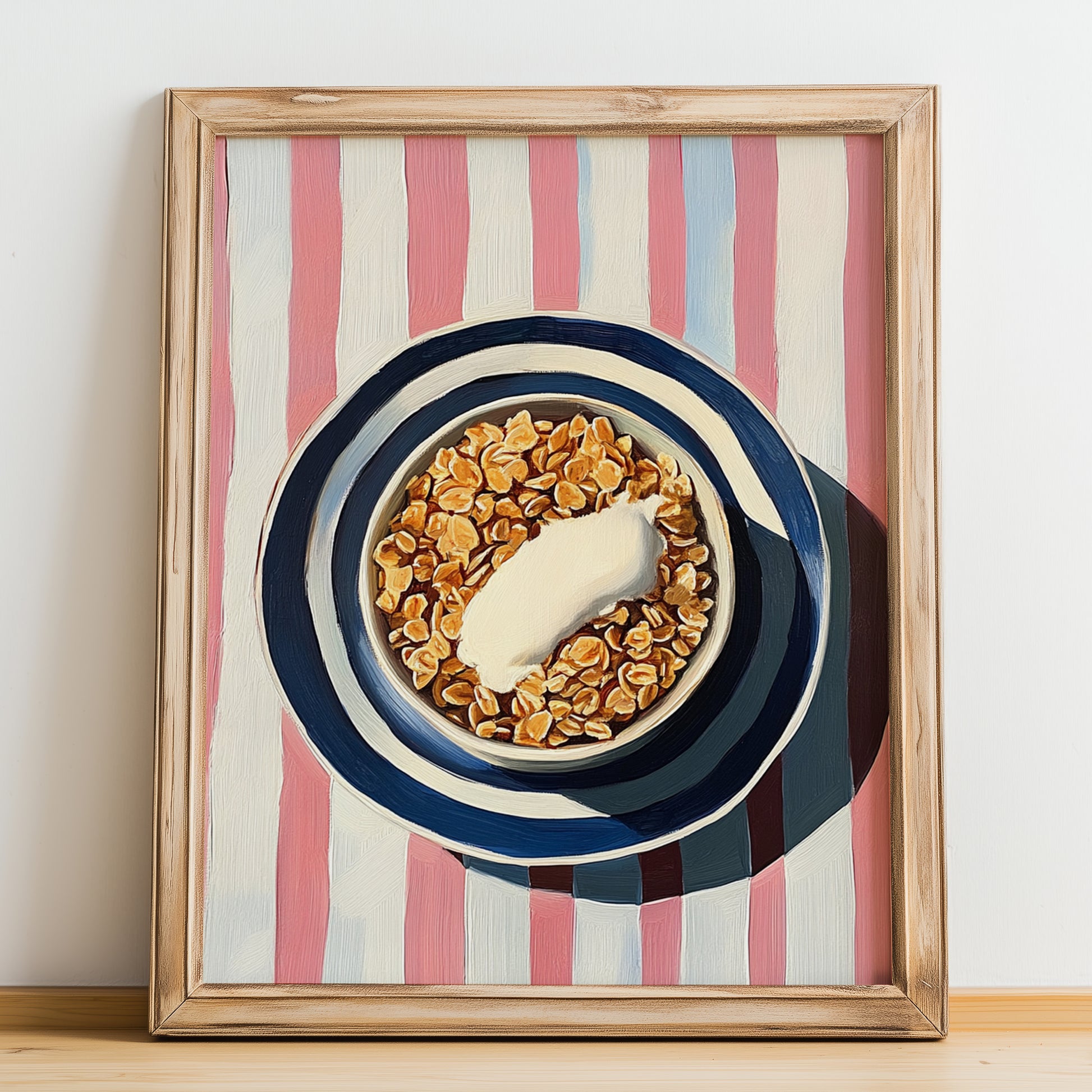 Granola #4 – on Striped Tablecloth, American Food Still Life, no-text version framed in wood