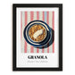 Granola #4 – on Striped Tablecloth, American Food Still Life, in sleek black frame