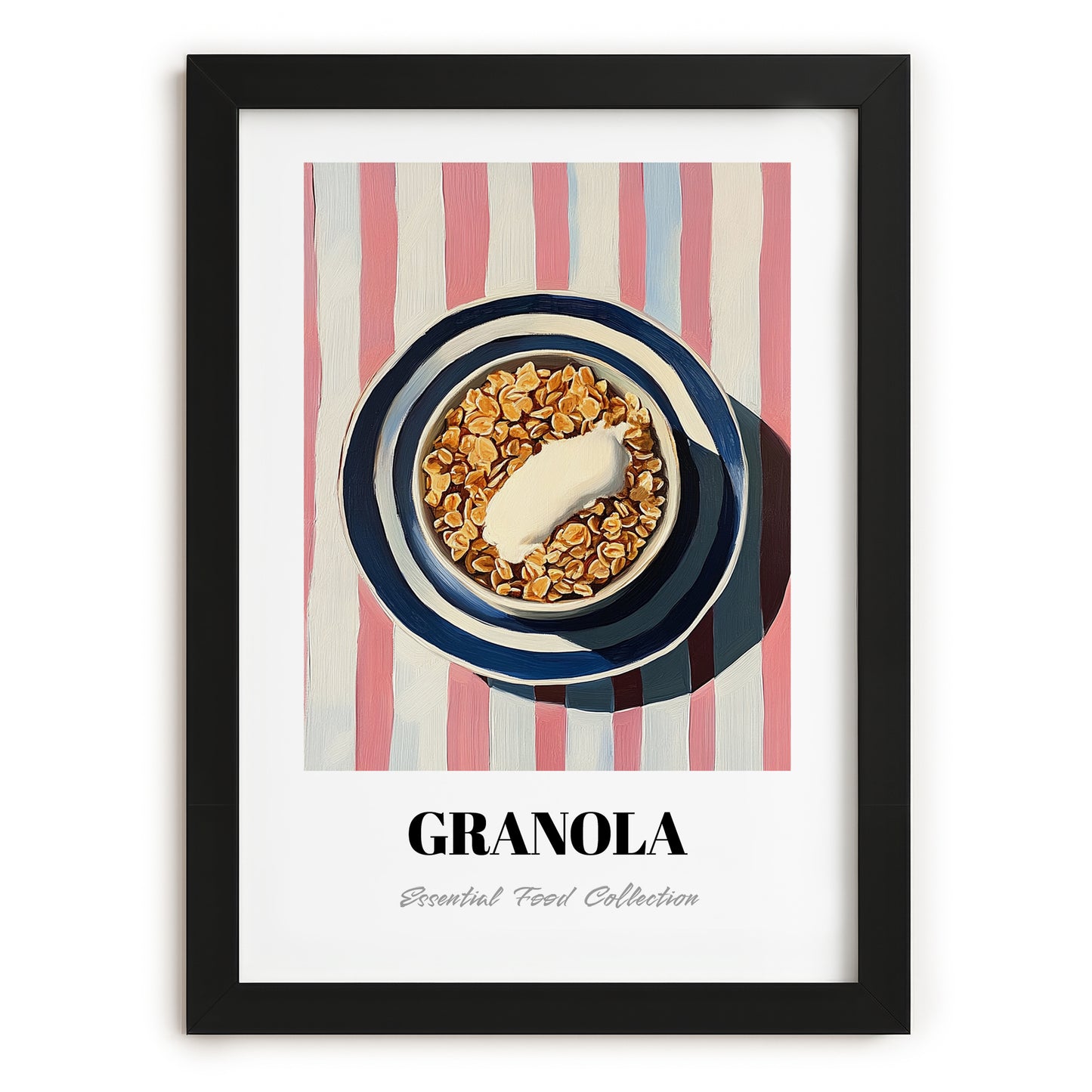 Granola #4 – on Striped Tablecloth, American Food Still Life, in sleek black frame