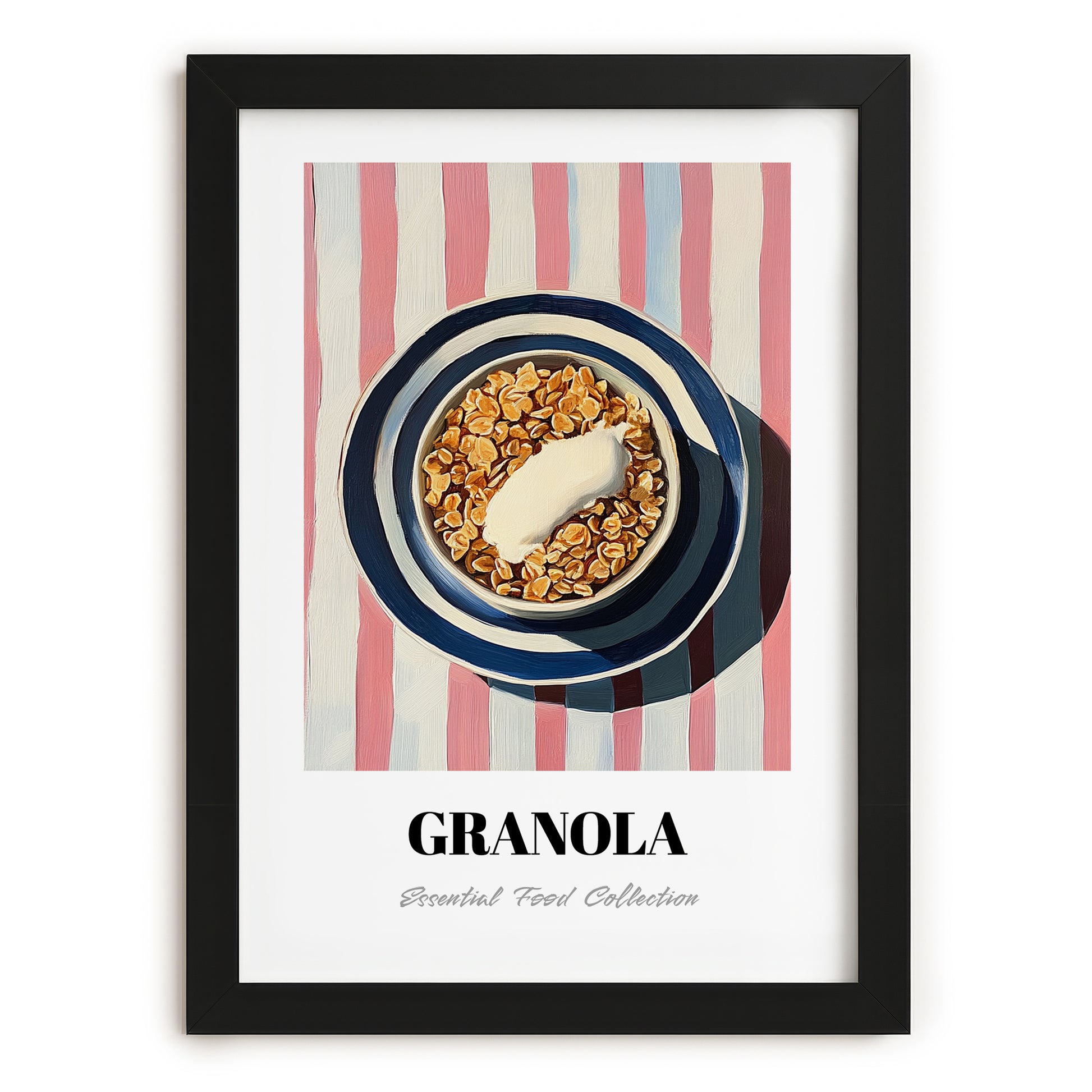 Granola #4 – on Striped Tablecloth, American Food Still Life, in sleek black frame