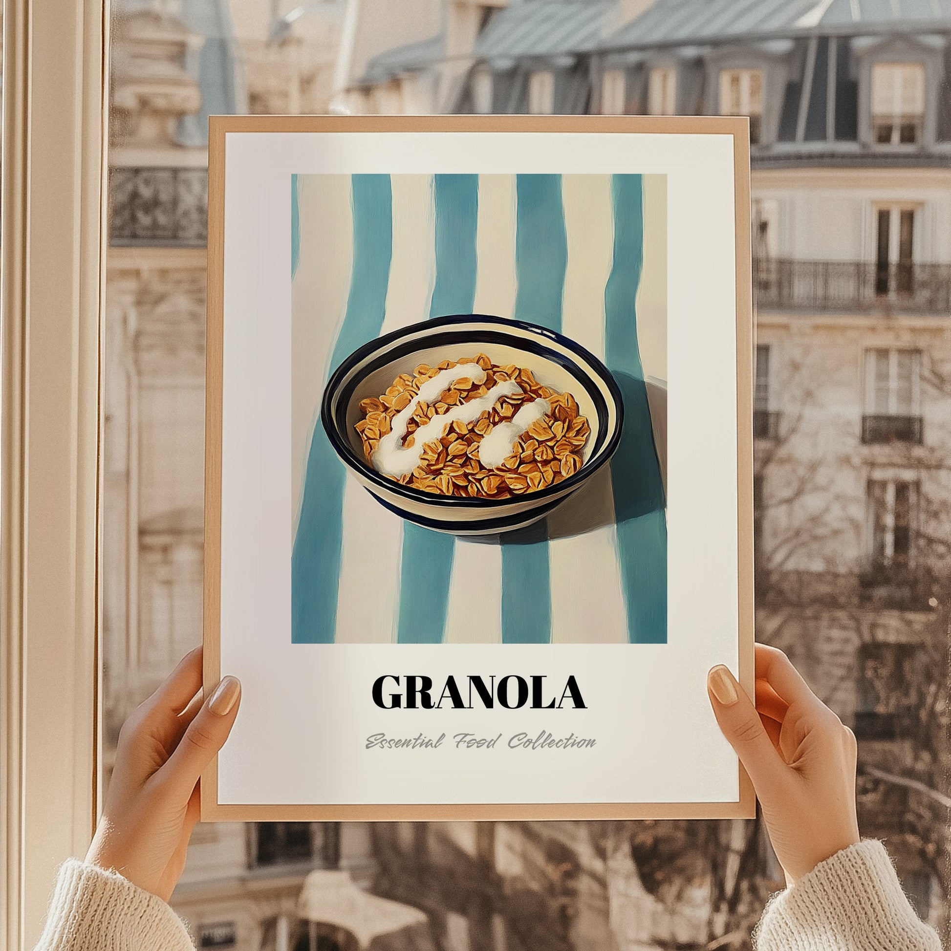 Granola #5 – on Striped Tablecloth, American Food Still Life, styled in a charming Paris street view