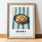 Granola #5 – on Striped Tablecloth, American Food Still Life, in wooden frame leaning on the floor