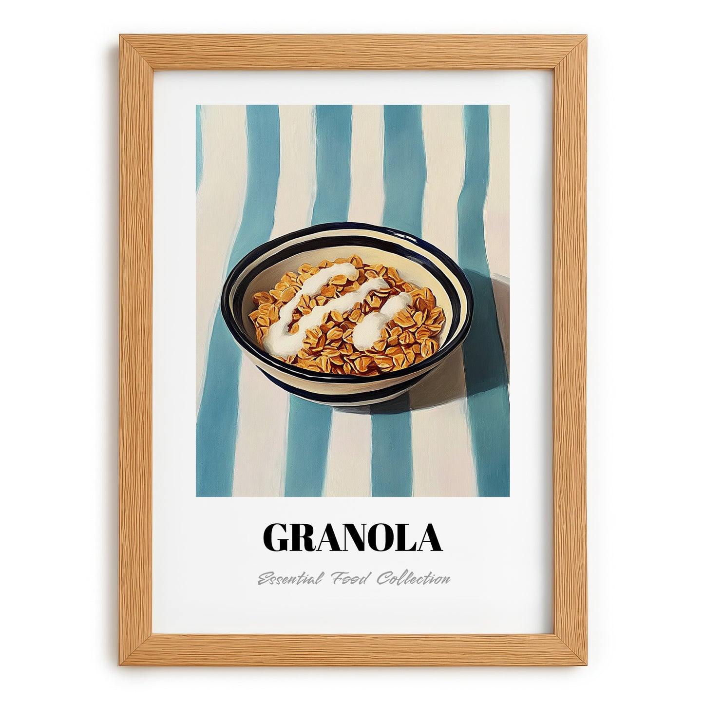 Granola #5 – on Striped Tablecloth, American Food Still Life, set in oak frame