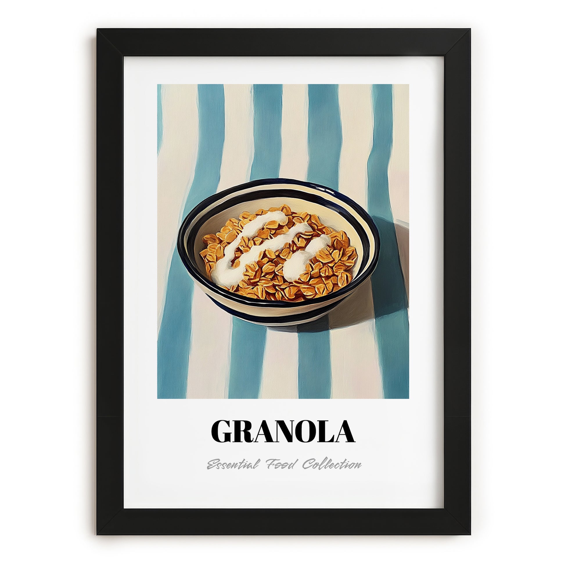 Granola #5 – on Striped Tablecloth, American Food Still Life, in sleek black frame
