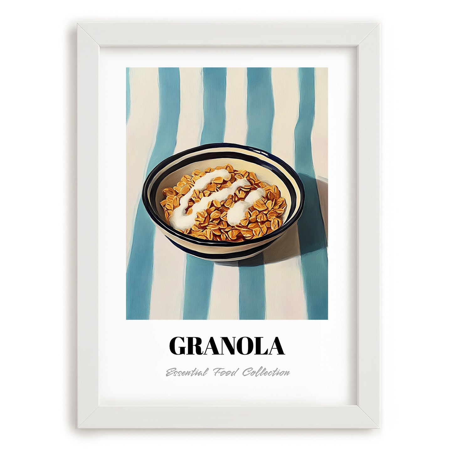 Granola #5 – on Striped Tablecloth, American Food Still Life, placed in minimal white frame