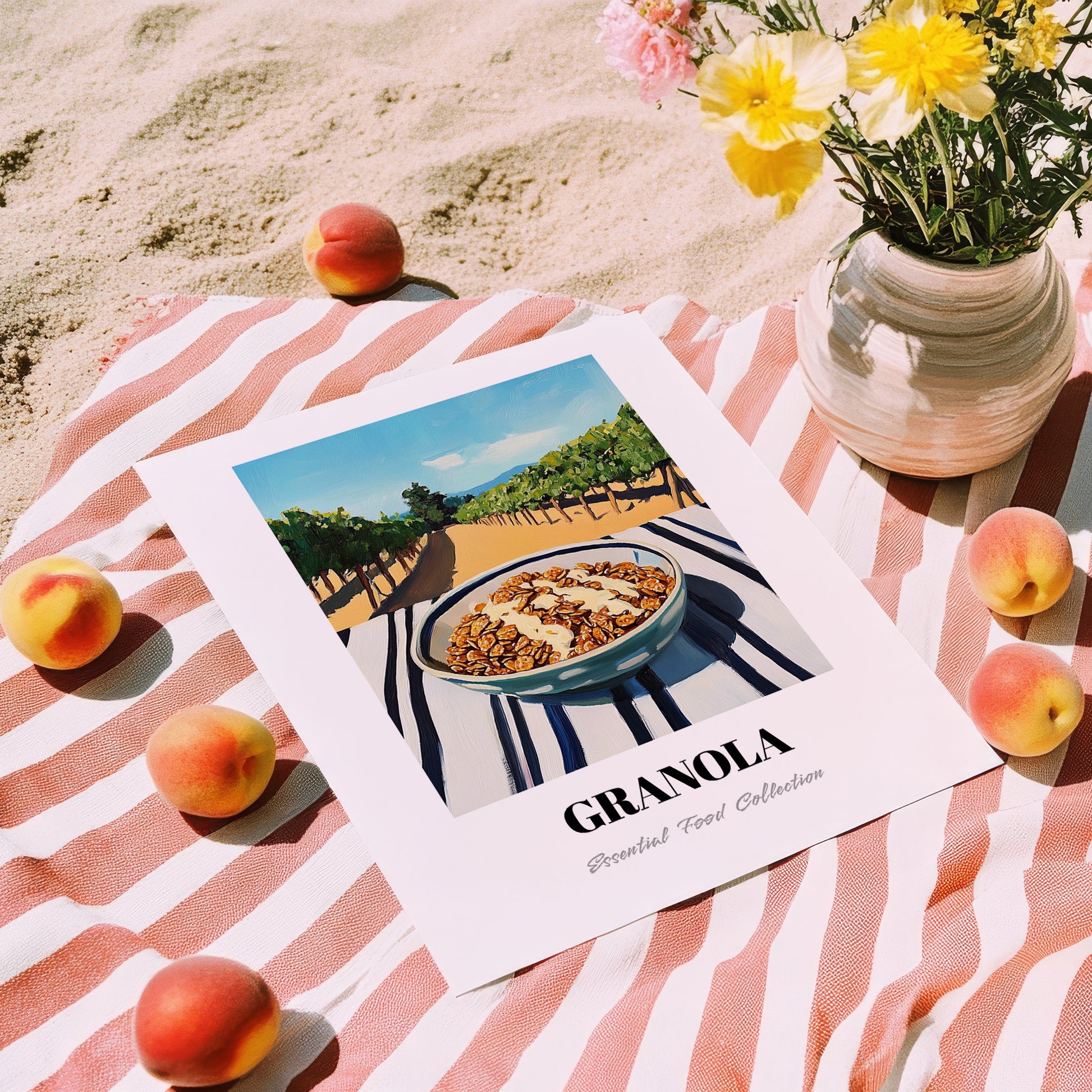 Granola #6 – Hilltop Table Scene, American Food Painting, unframed on coastal sand