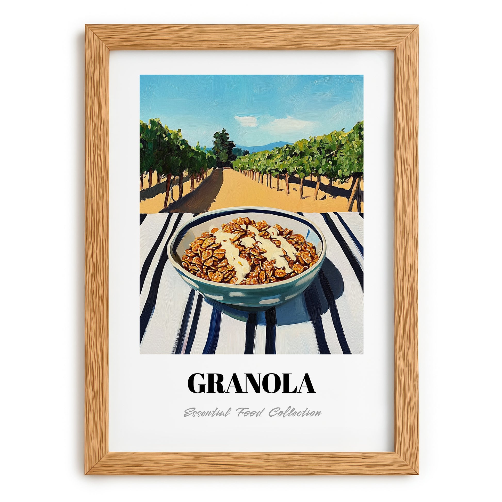 Granola #6 – Hilltop Table Scene, American Food Painting, set in oak frame