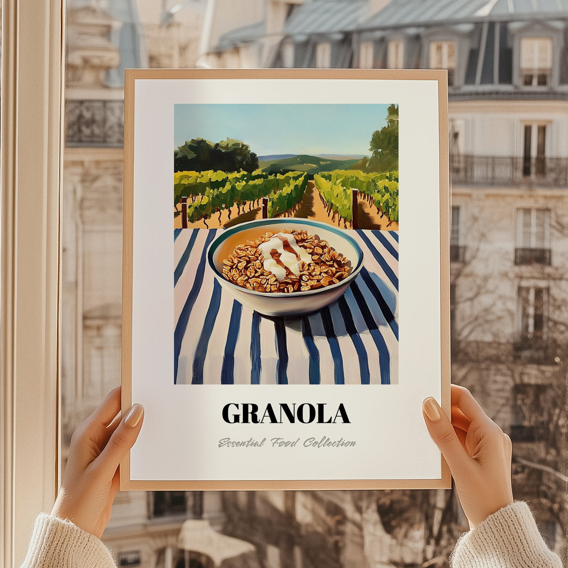 Granola #7 – Hilltop Table Scene, American Food Wall Decor, styled in a charming Paris street view