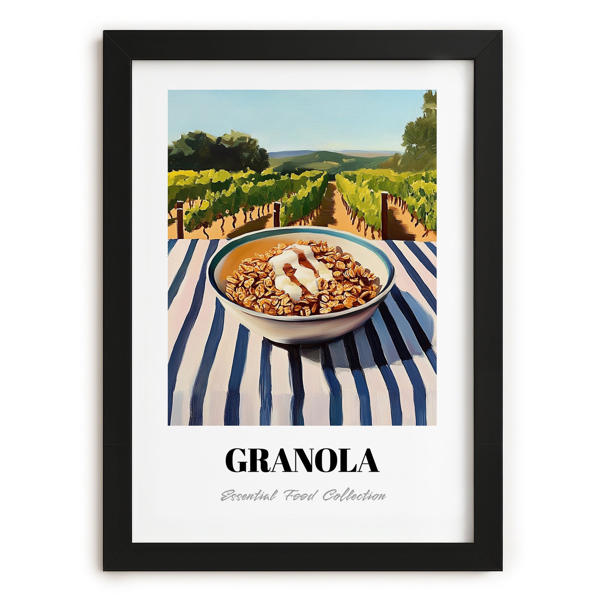 Granola #7 – Hilltop Table Scene, American Food Wall Decor, in sleek black frame