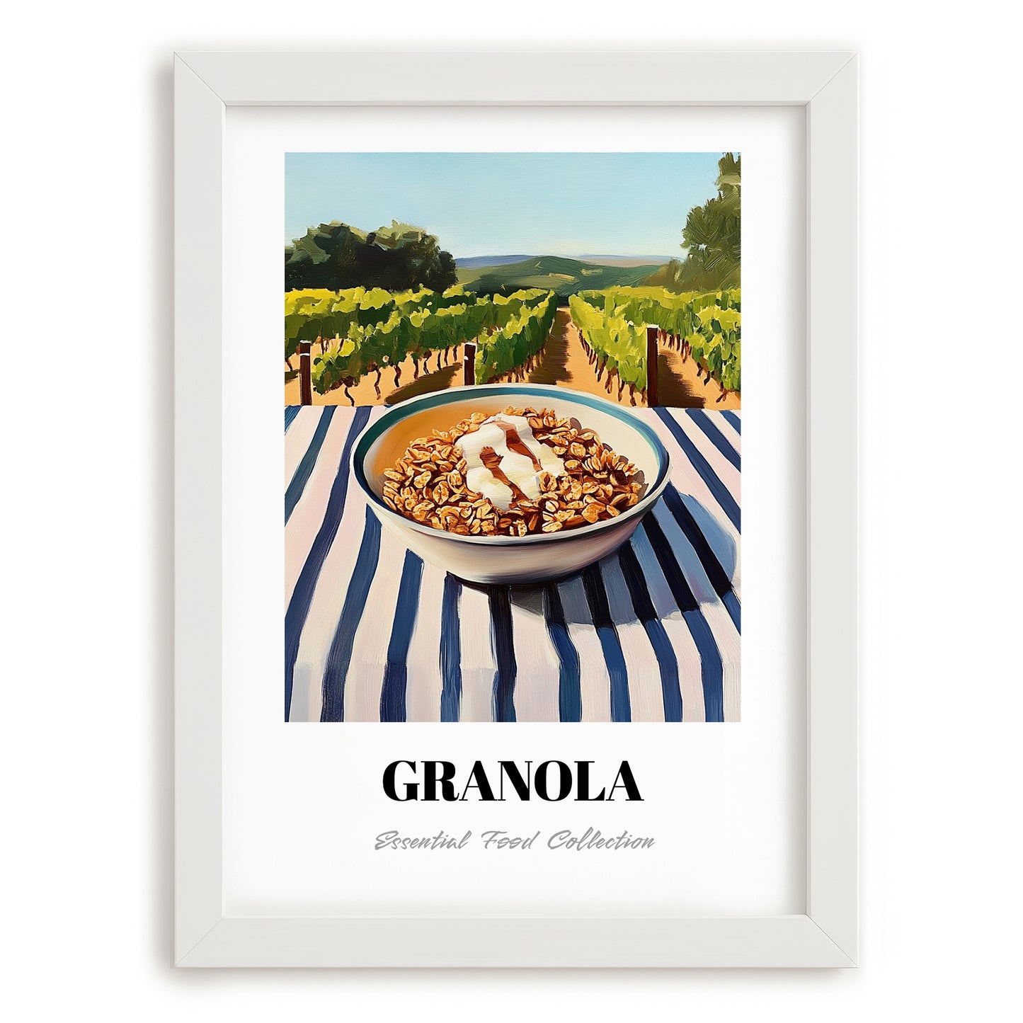 Granola #7 – Hilltop Table Scene, American Food Wall Decor, placed in minimal white frame