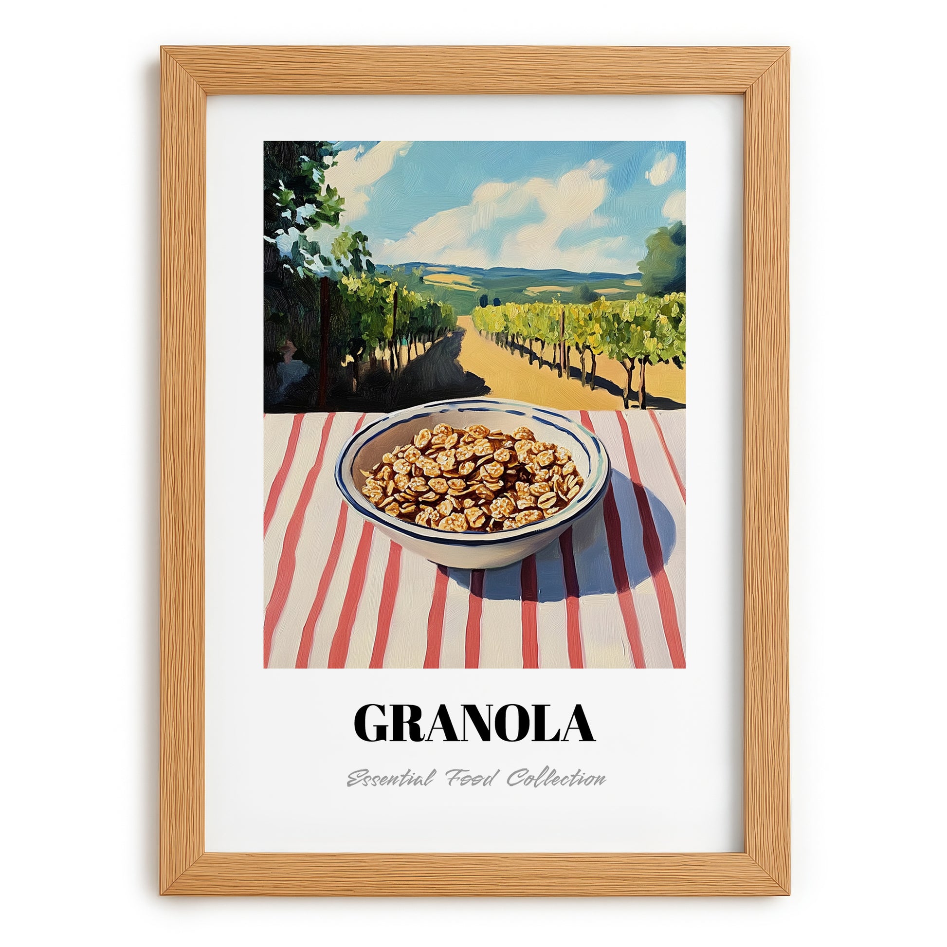 Granola #9 – Hilltop Table Scene, American Food Illustration, set in oak frame