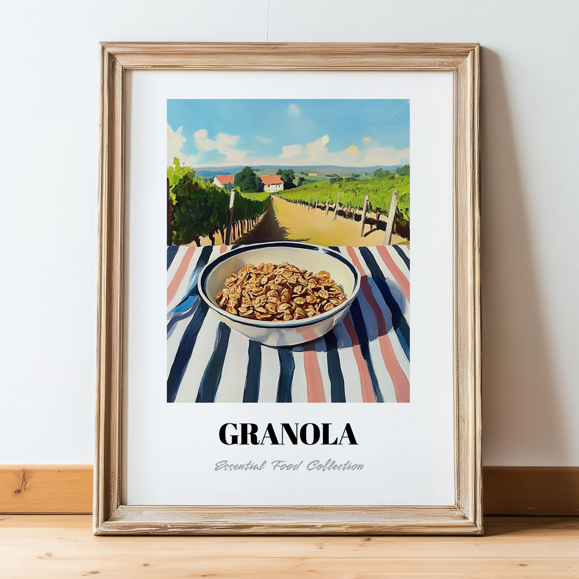 Granola0 – Hilltop Table Scene, American Food Painting, in wooden frame leaning on the floor