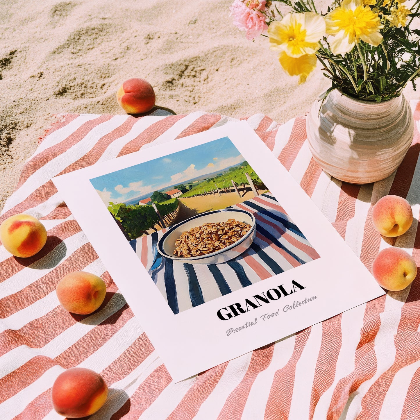 Granola0 – Hilltop Table Scene, American Food Painting, unframed on coastal sand