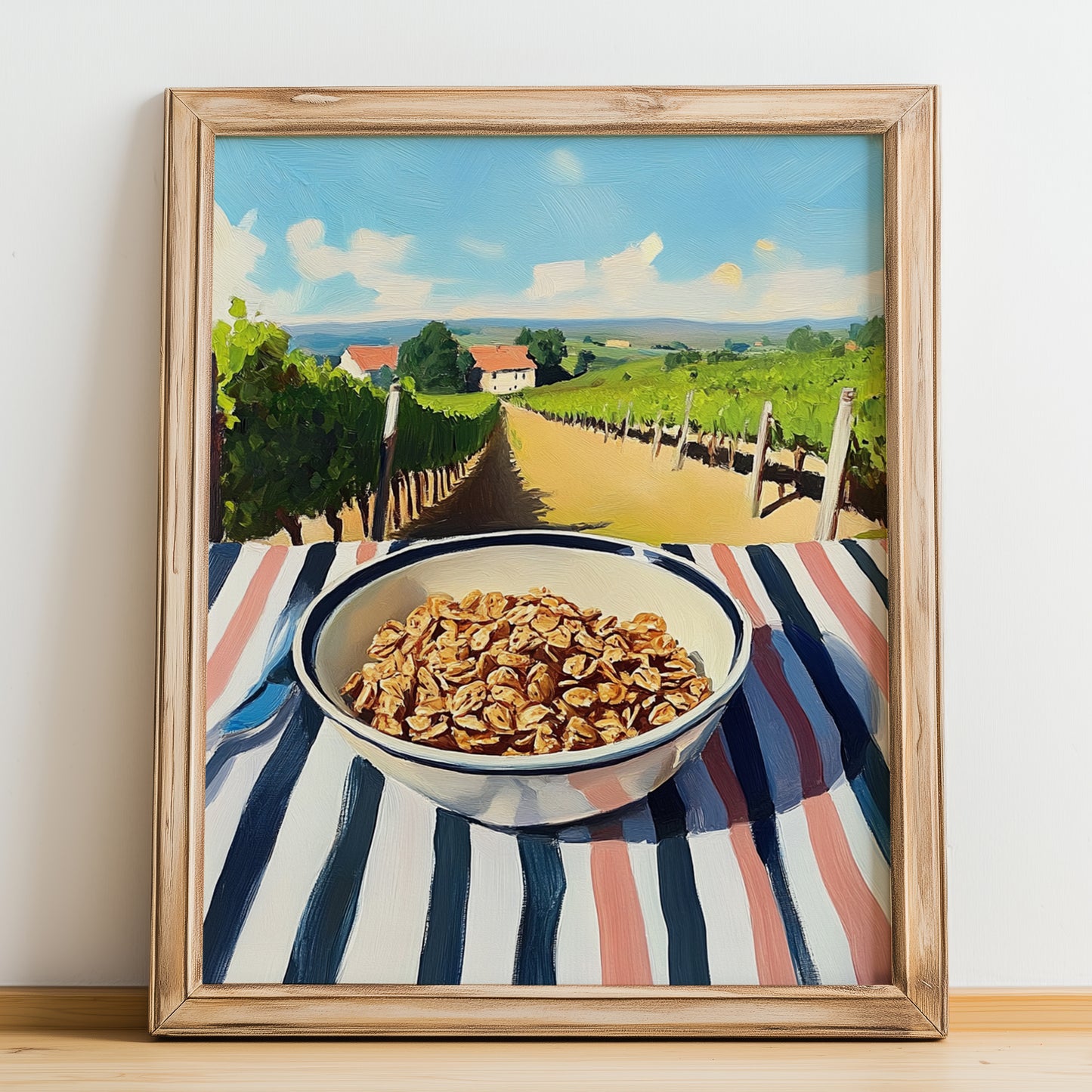 Granola0 – Hilltop Table Scene, American Food Painting, no-text version framed in wood