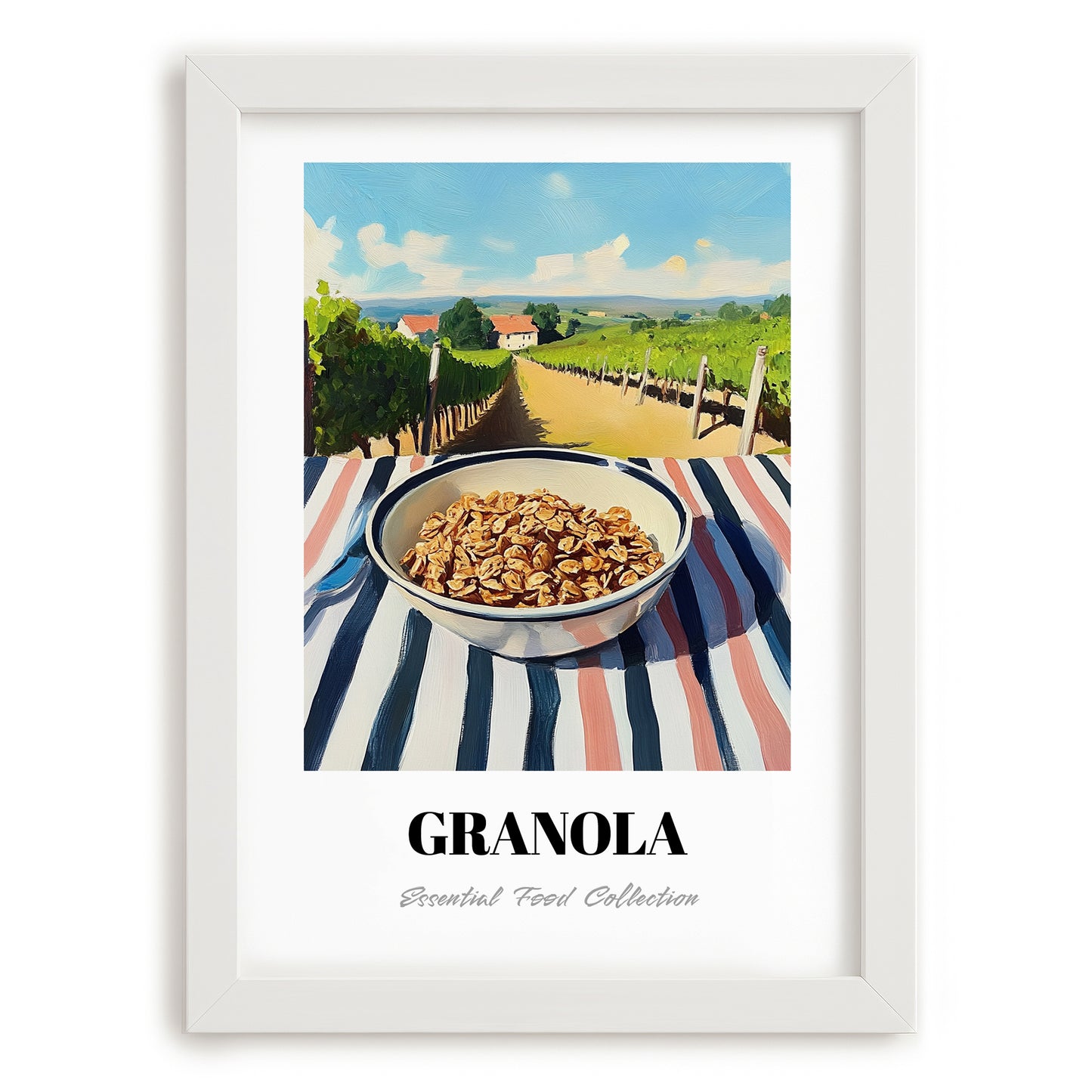 Granola0 – Hilltop Table Scene, American Food Painting, placed in minimal white frame
