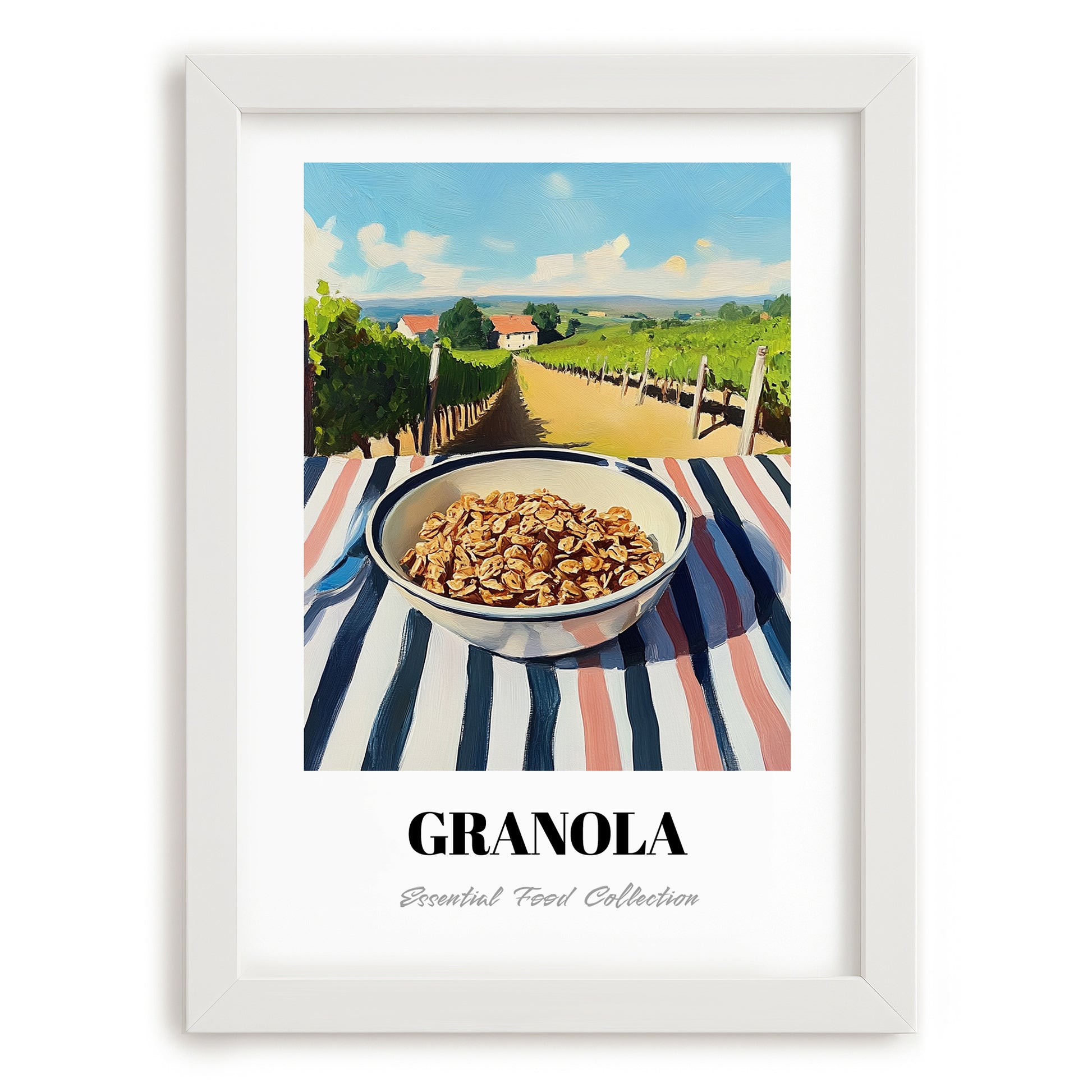 Granola0 – Hilltop Table Scene, American Food Painting, placed in minimal white frame