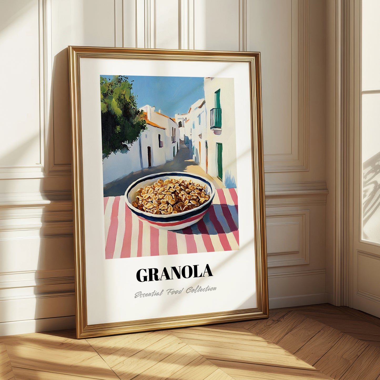 Granola1 – White village Urban Café Scene, American Food Wall Print