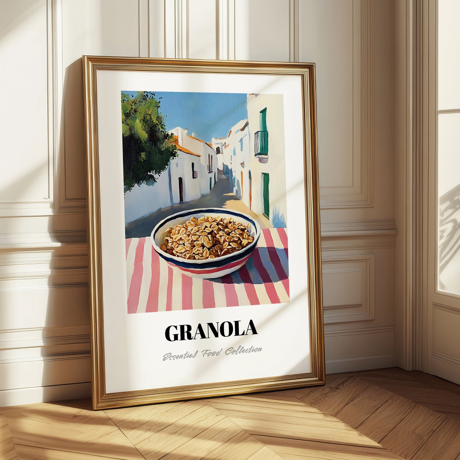Granola1 – White village Urban Café Scene, American Food Wall Print
