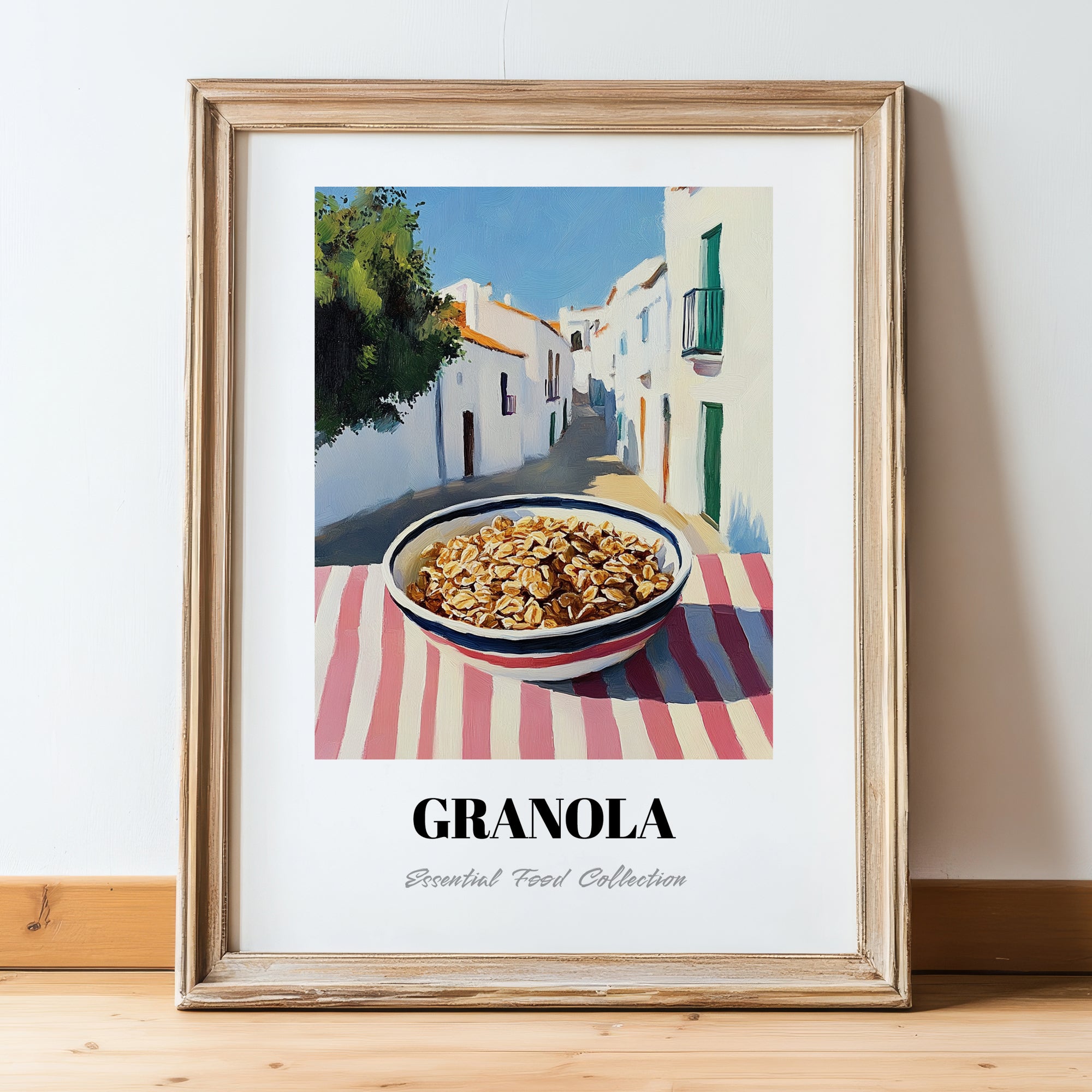 Granola1 – White village Urban Café Scene, American Food Wall Print, in wooden frame leaning on the floor
