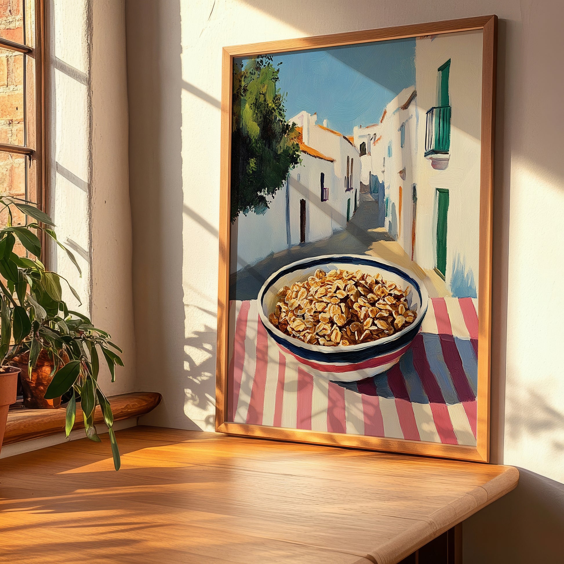 Granola1 – White village Urban Café Scene, American Food Wall Print, clean layout with no caption