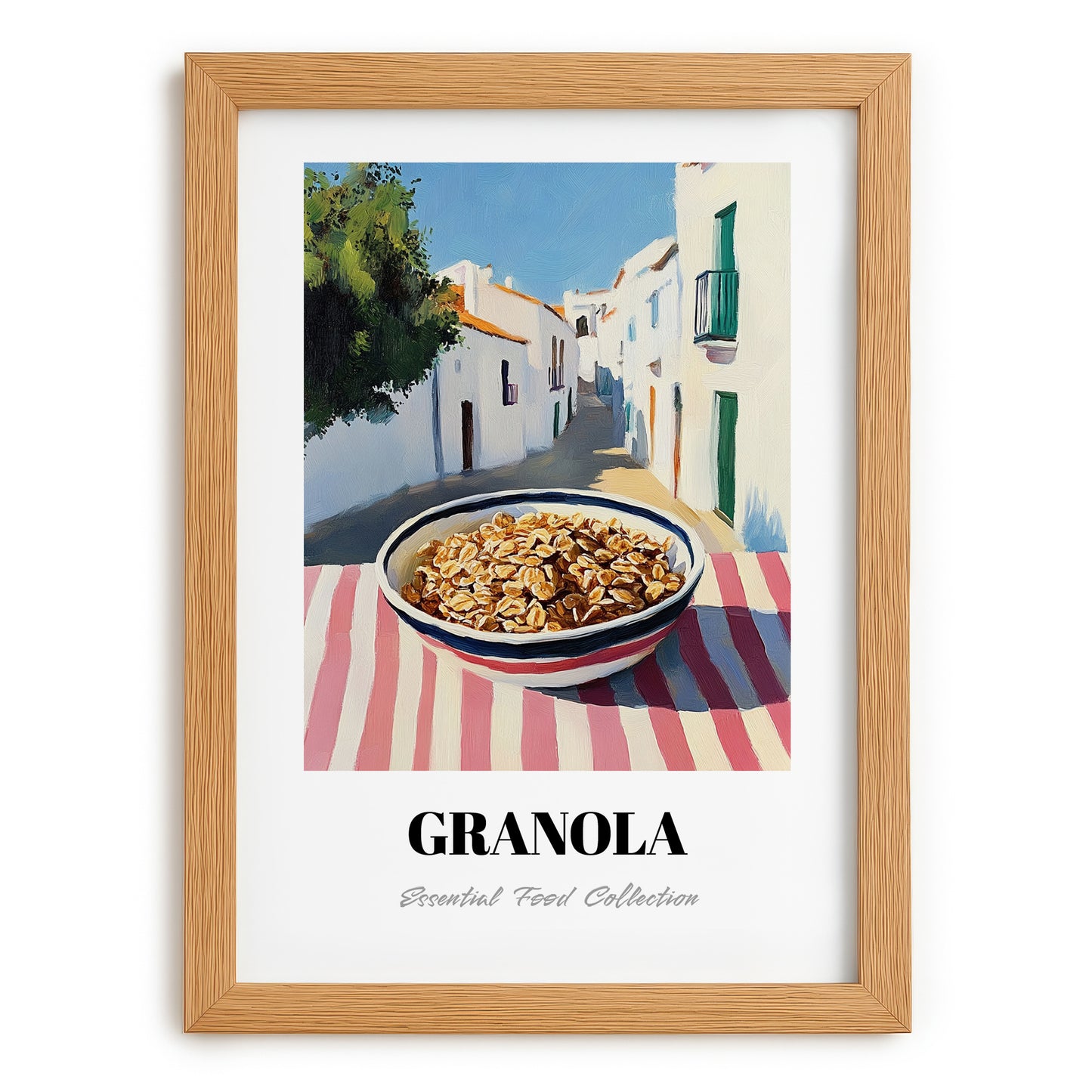 Granola1 – White village Urban Café Scene, American Food Wall Print, set in oak frame