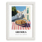 Granola1 – White village Urban Café Scene, American Food Wall Print, placed in minimal white frame