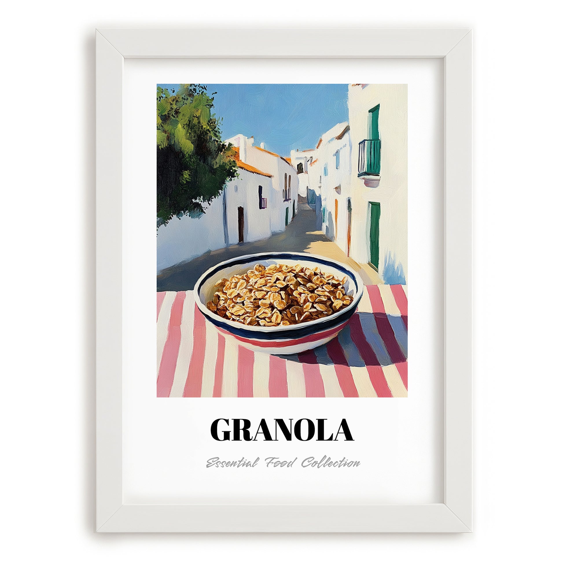 Granola1 – White village Urban Café Scene, American Food Wall Print, placed in minimal white frame
