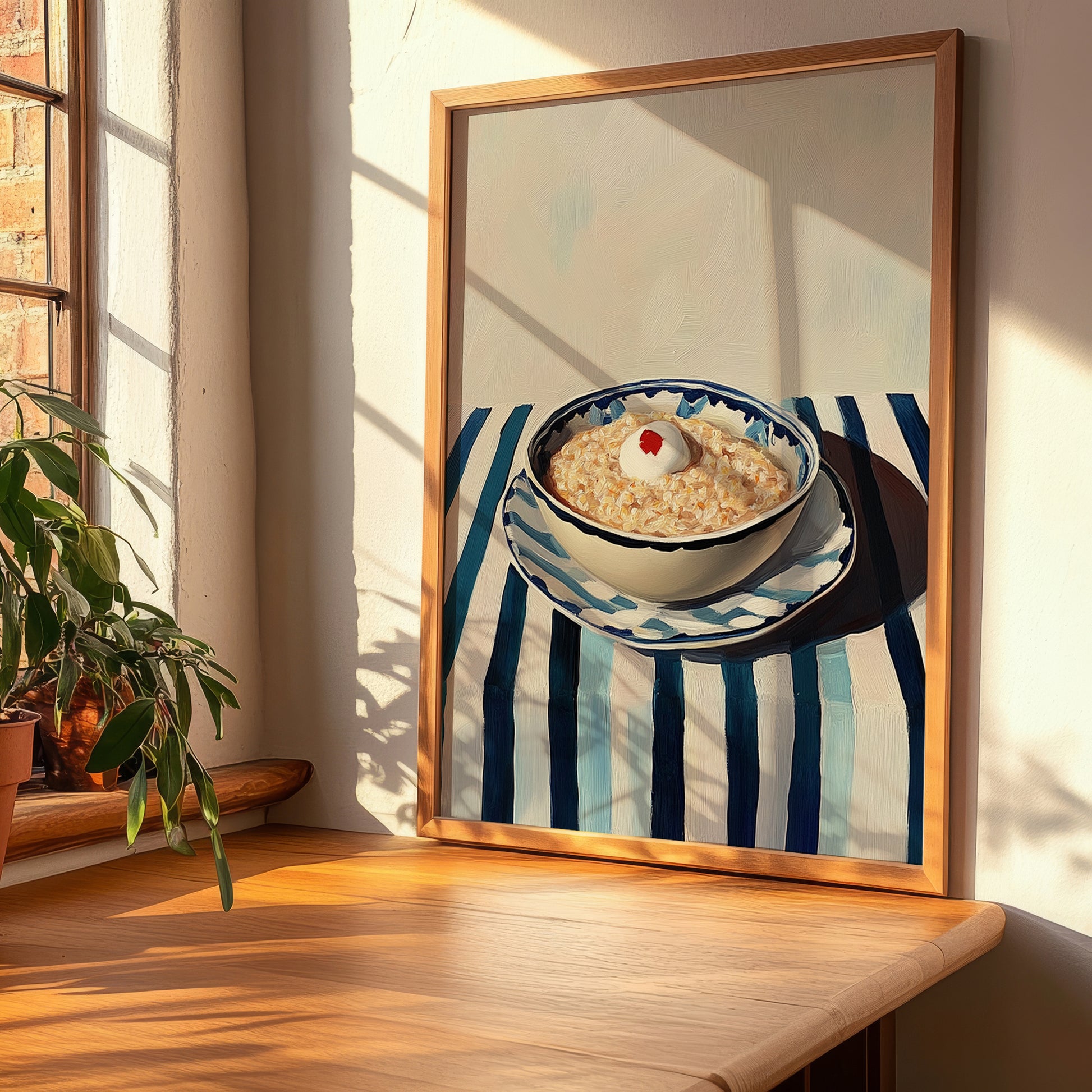 Porridge – on Striped Tablecloth, British Food Painting, clean layout with no caption