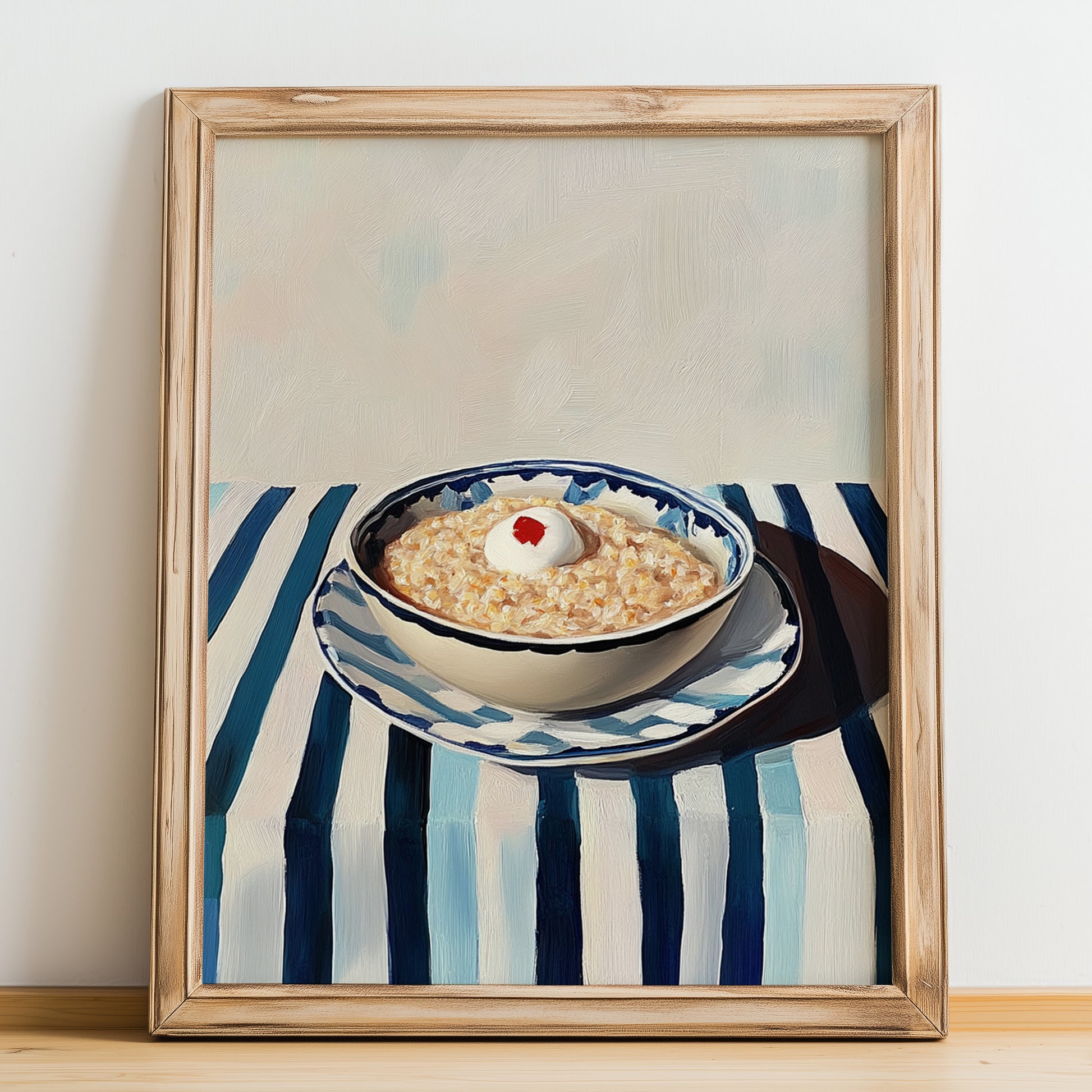 Porridge – on Striped Tablecloth, British Food Painting, no-text version framed in wood