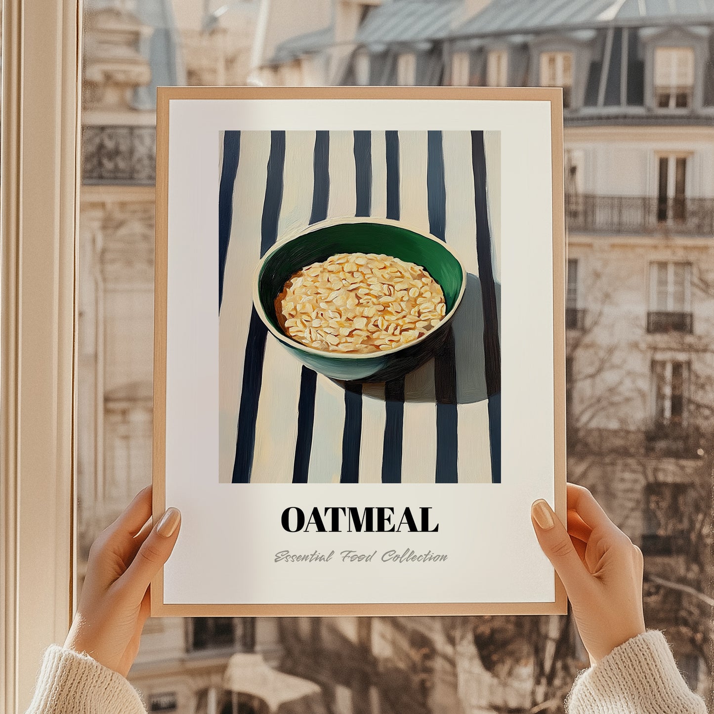 Oatmeal – on Striped Tablecloth, American Food Wall Poster, styled in a charming Paris street view