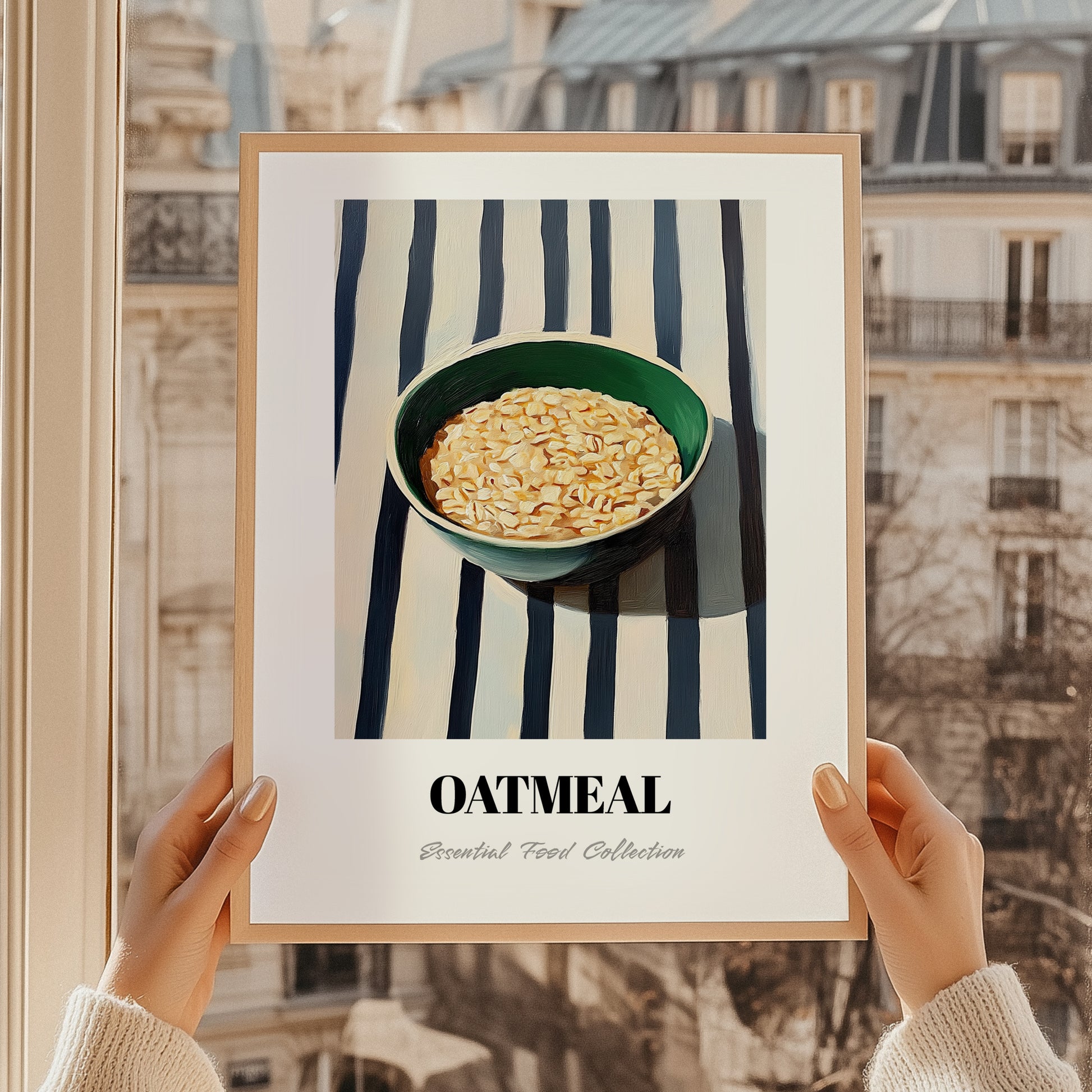 Oatmeal – on Striped Tablecloth, American Food Wall Poster, styled in a charming Paris street view