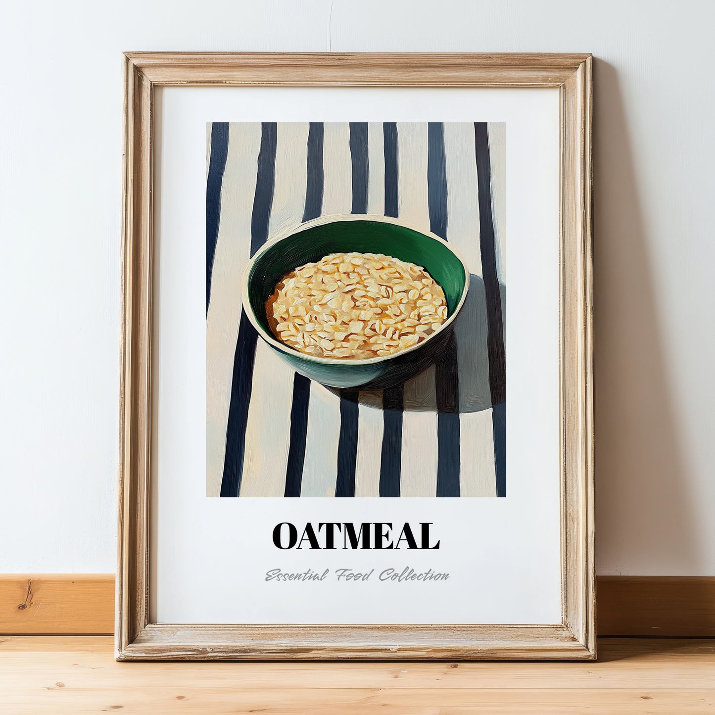 Oatmeal – on Striped Tablecloth, American Food Wall Poster, in wooden frame leaning on the floor