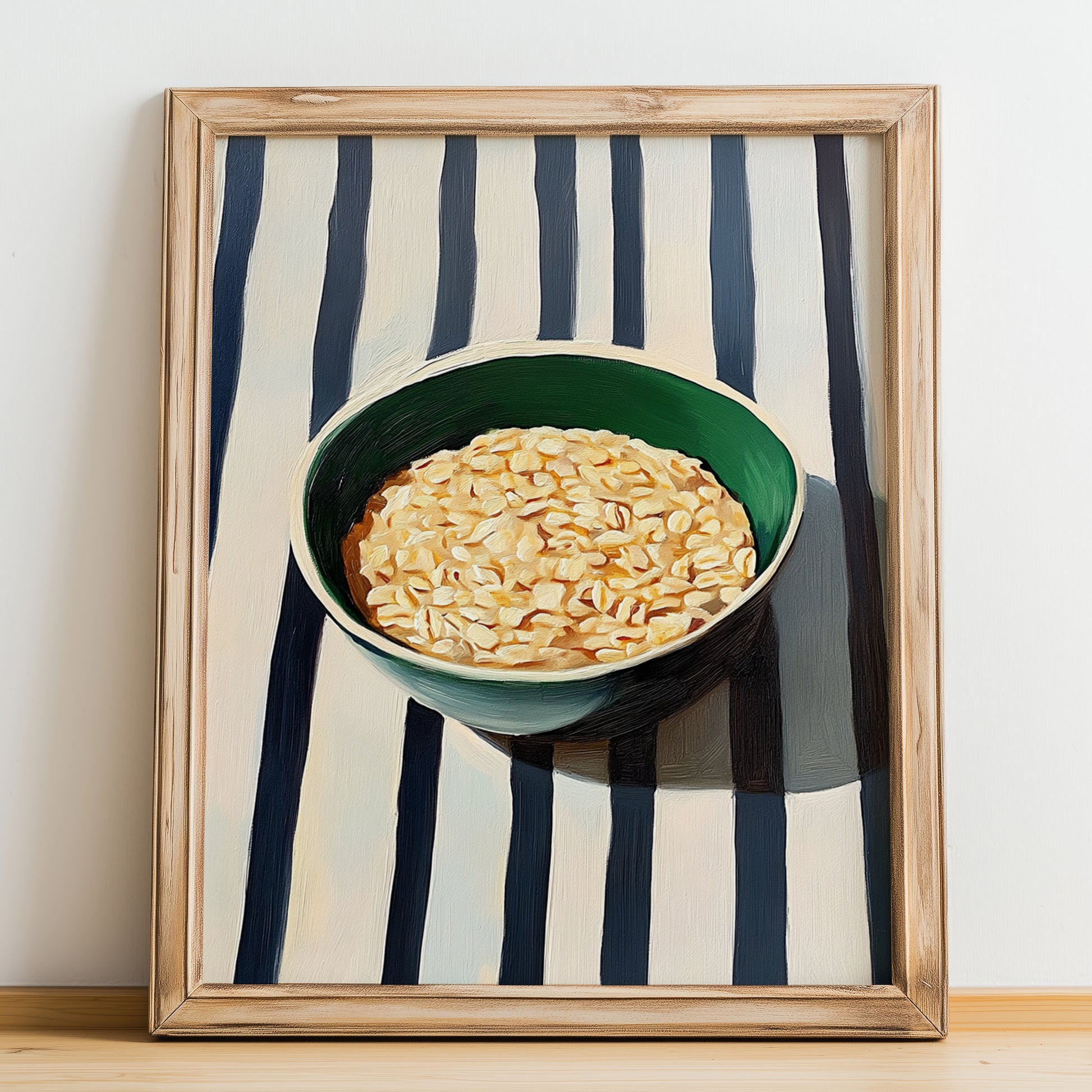 Oatmeal – on Striped Tablecloth, American Food Wall Poster, no-text version framed in wood