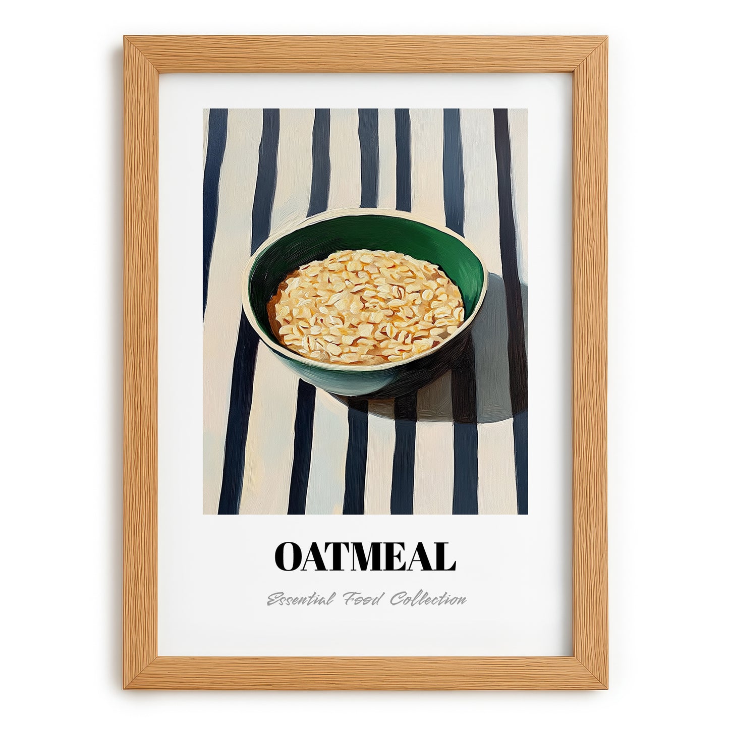 Oatmeal – on Striped Tablecloth, American Food Wall Poster, set in oak frame