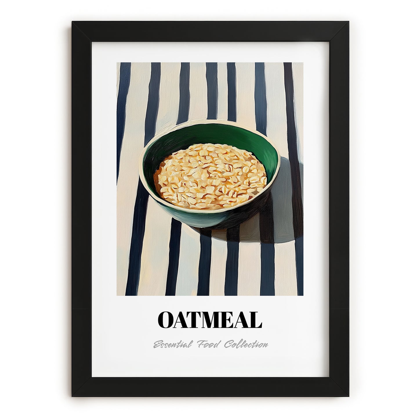 Oatmeal – on Striped Tablecloth, American Food Wall Poster, in sleek black frame