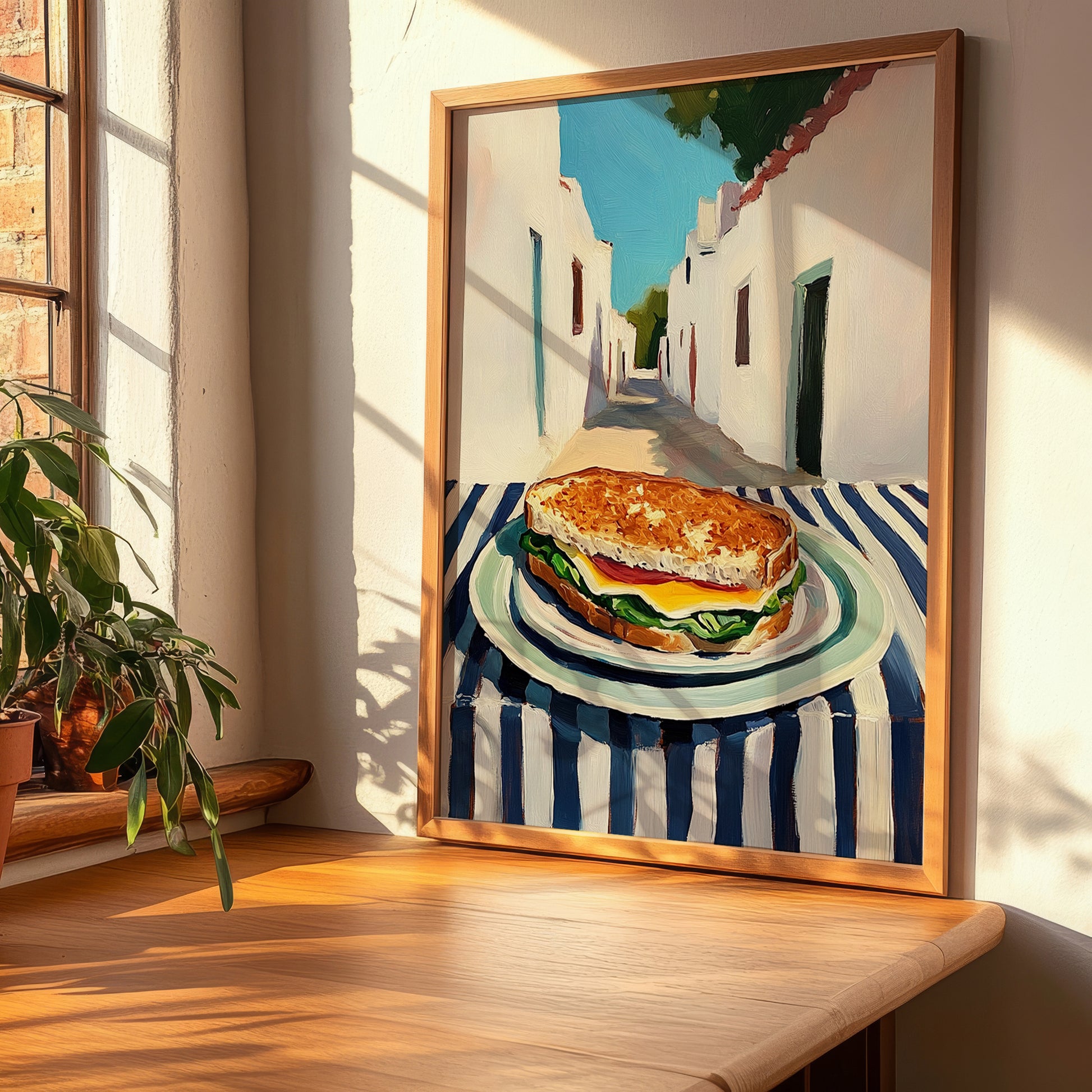 Sandwich – White village Urban Café Scene, British Food Painting, clean layout with no caption