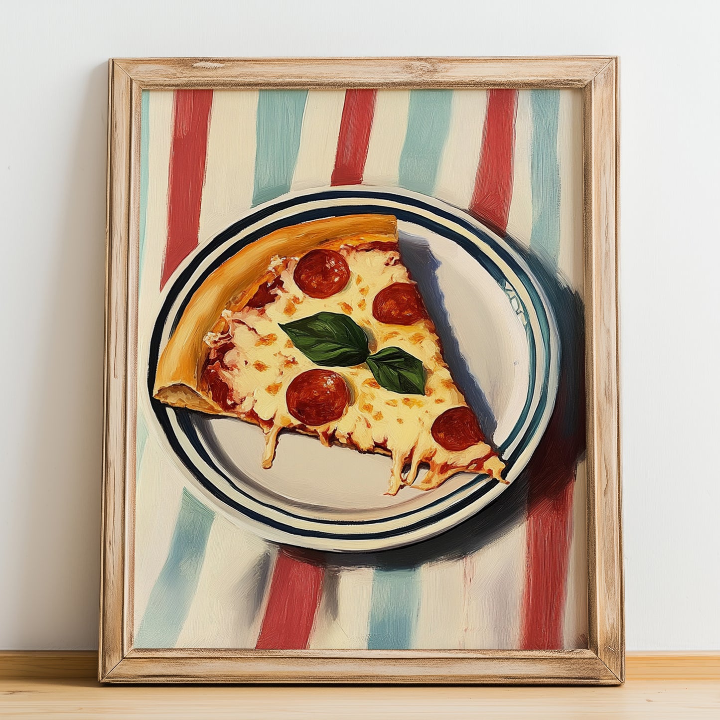 Pizza – on Striped Tablecloth, Italian Pizza Wall Decor, no-text version framed in wood