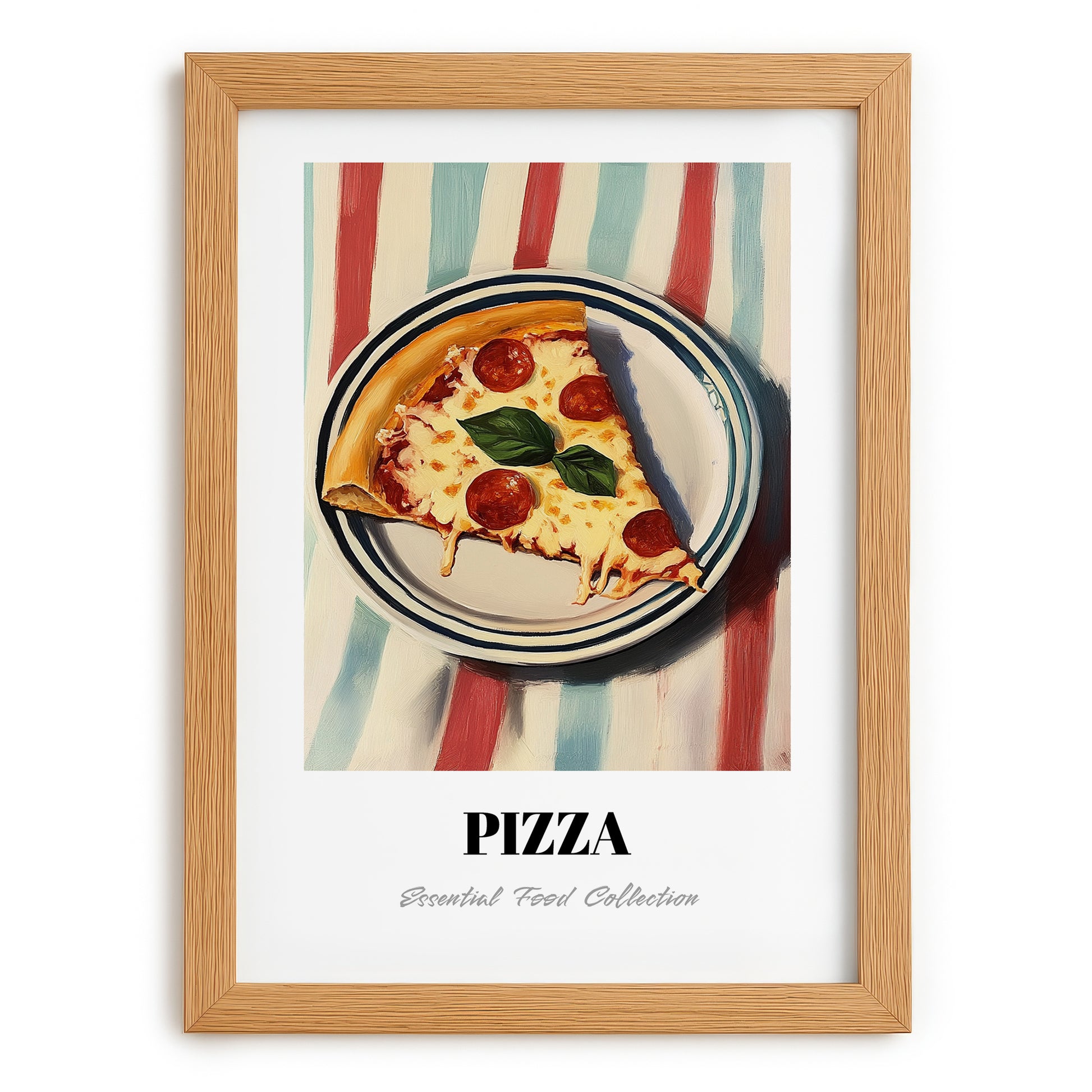 Pizza – on Striped Tablecloth, Italian Pizza Wall Decor, set in oak frame