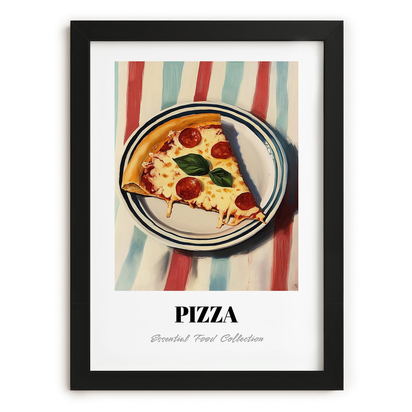Pizza – on Striped Tablecloth, Italian Pizza Wall Decor, in sleek black frame