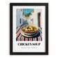 Chicken Soup – White village Urban Café Scene, American Food Painting, in sleek black frame